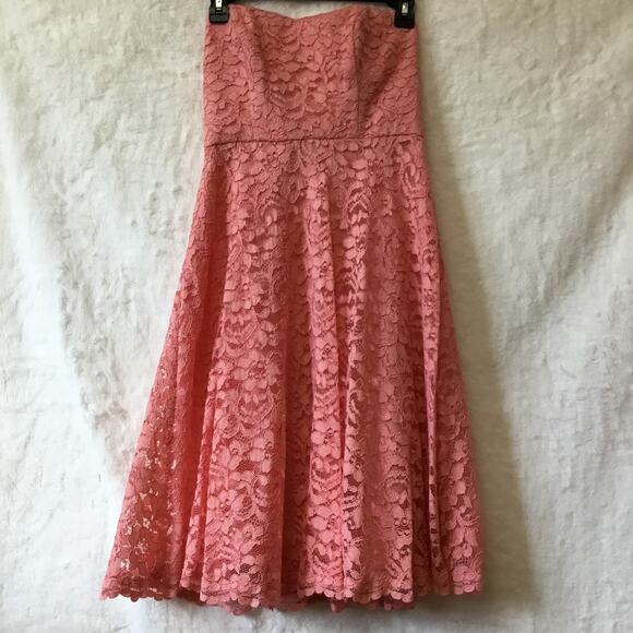 David's Bridal Strapless Coral Pink Lace Dress - Picture 4 of 15